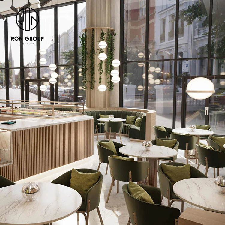 Modern Green Velvet Curved Booth Seating Set With Round Marble Tables And Cafe Chairs