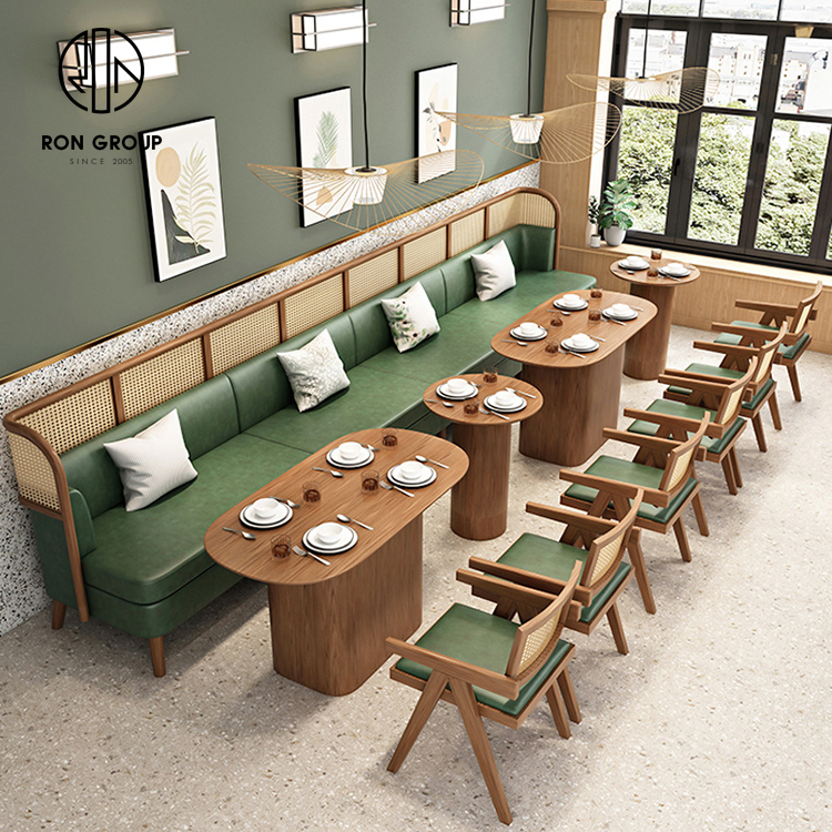 Modern Rattan Back Booth Seating Set With Wood Tables And Armchairs For Restaurants Cafes