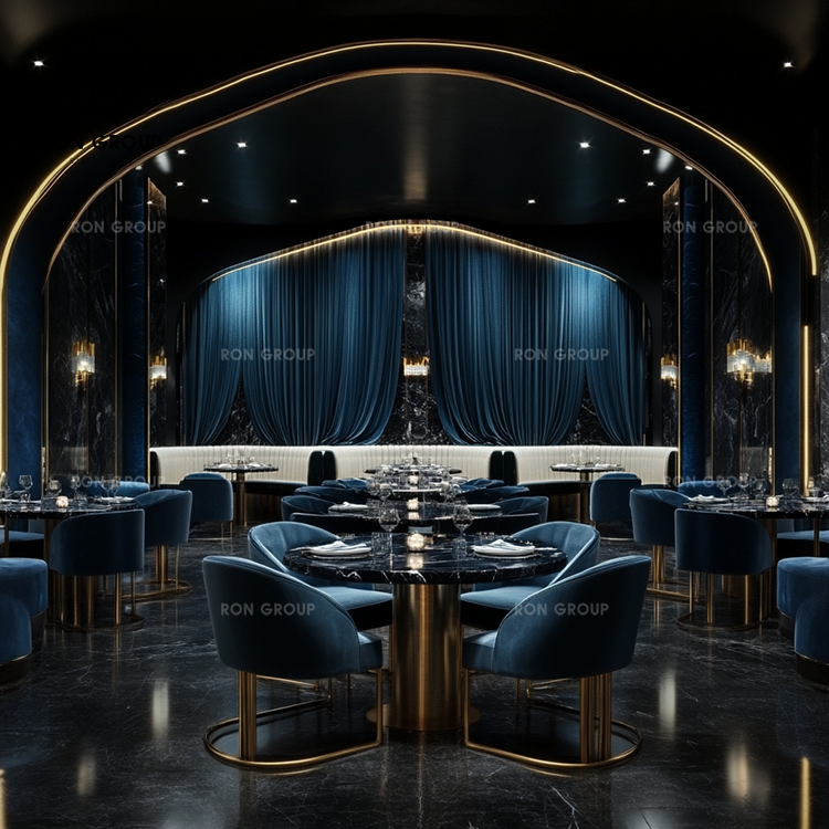 Luxury Curved Leather Banquette Seating Set With Black Marble Tables Gold Bases And Teal Velvet Chairs