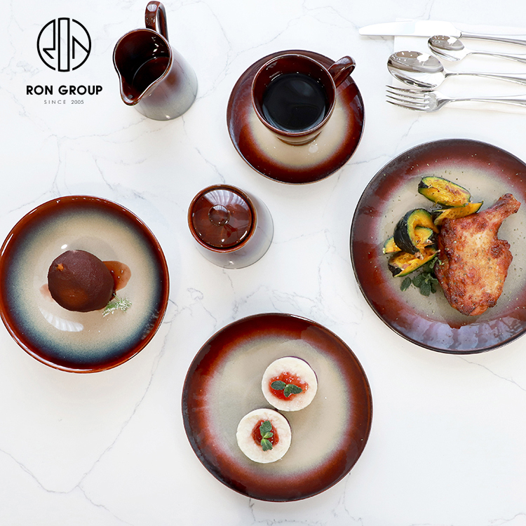 Brown Gradient Kiln-Glazed Ceramic Dinner Plate Set for Restaurants