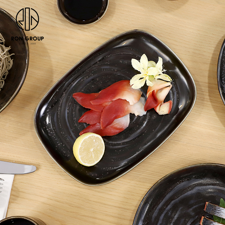 Modern Matte Black Square Ceramic Sushi Steak Plate