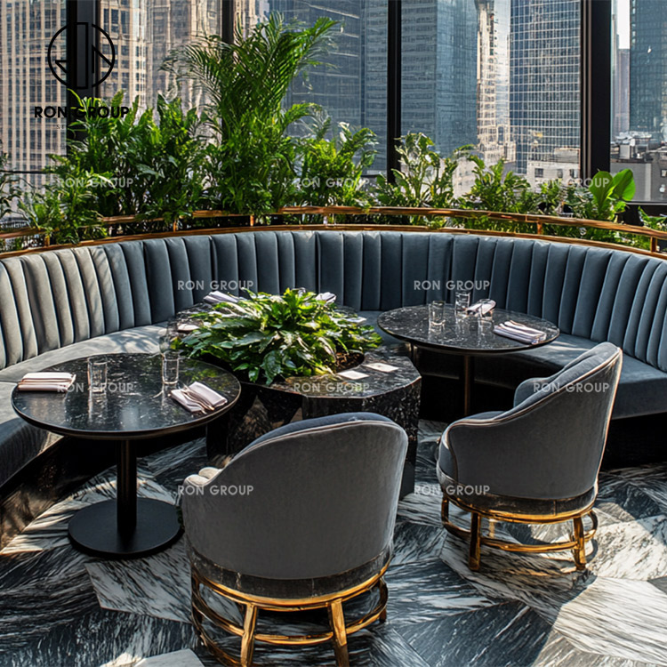 Half Circle Curved Booth Seating Set With Marble Tables And Lounge Chairs For Restaurants
