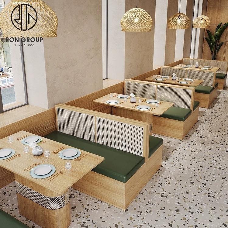 Solid Wood Rattan Half Round Booth Seating Set With Green Cushions Round Dining Table For Restaurant