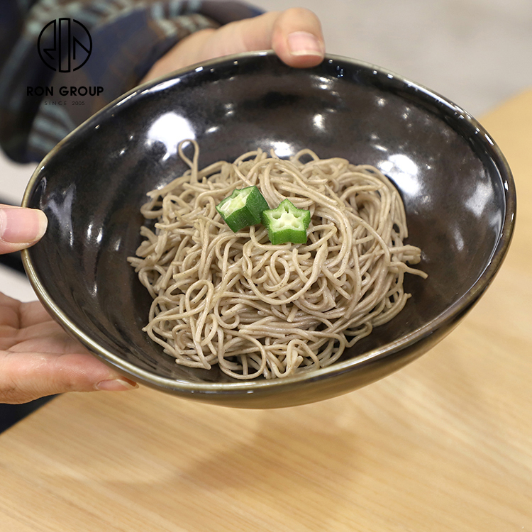 Irregular Glossy Black Ceramic Salad Bowl Set