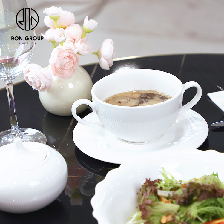 White Ceramic Two-Handle Soup Bowl with Saucer for Restaurant and Hotel Service