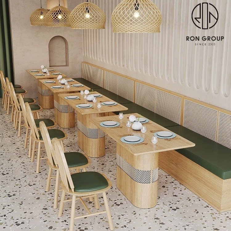 Solid Wood Rattan Half Round Booth Seating Set With Green Cushions Round Dining Table For Restaurant