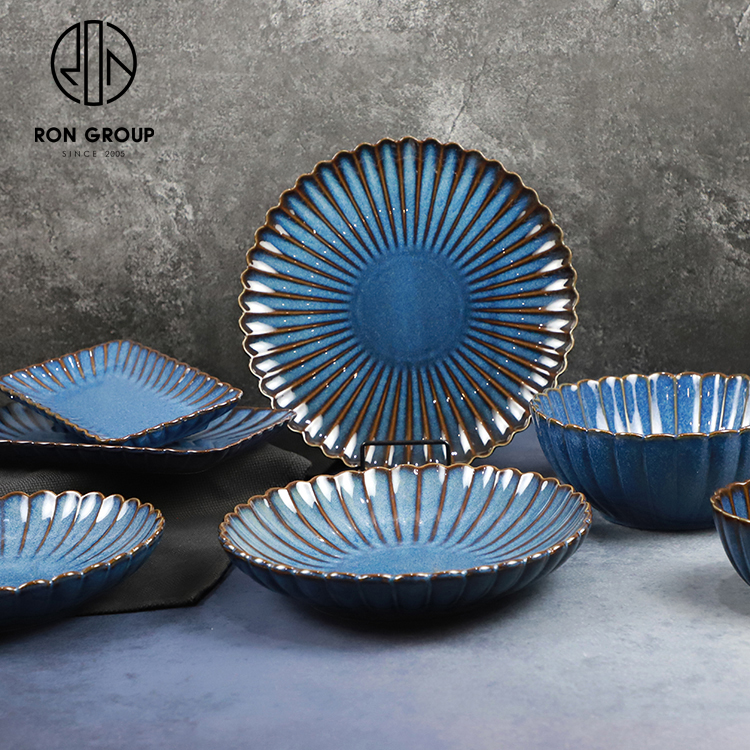 Blue Flower-Shaped Ceramic Dinnerware Set for Modern Cafés and Restaurants