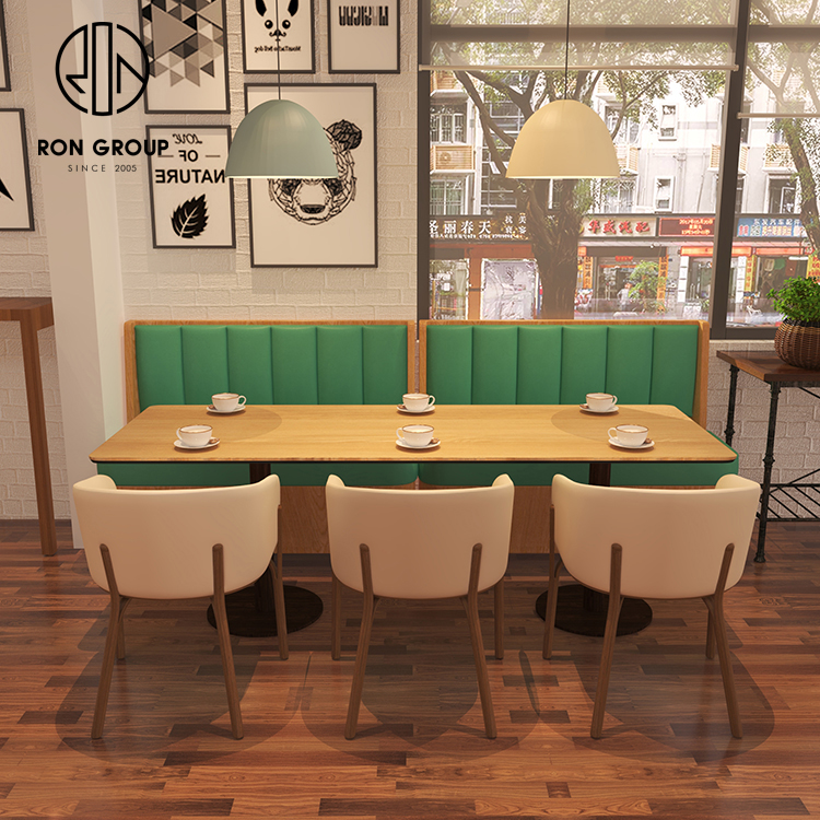Green PU Booth Seating Set With Light Oak Wood Base Cafe Tables And Beige Dining Chairs For Restaurant