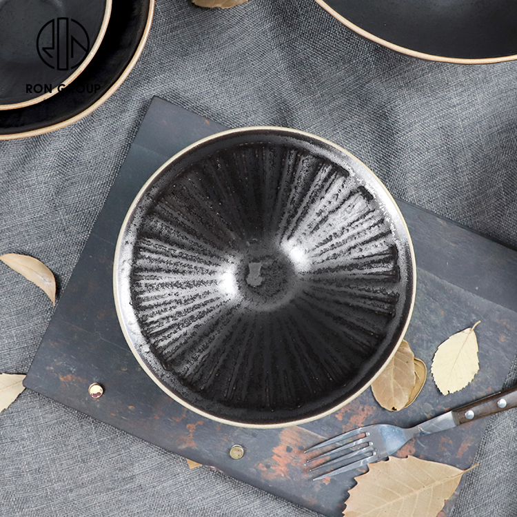 Textured Matte Black Porcelain Pasta Salad Bowl