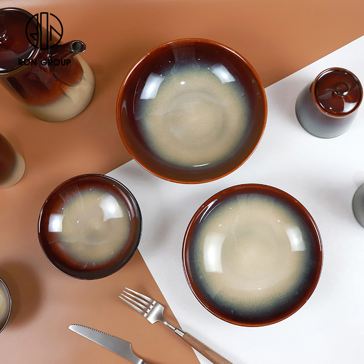 Brown Gradient Kiln-Glazed Ceramic Dinner Plate Set for Restaurants