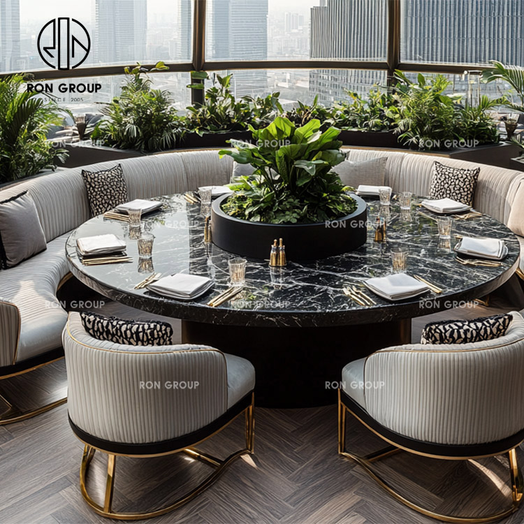 Half Circle Curved Booth Seating Set With Marble Tables And Lounge Chairs For Restaurants
