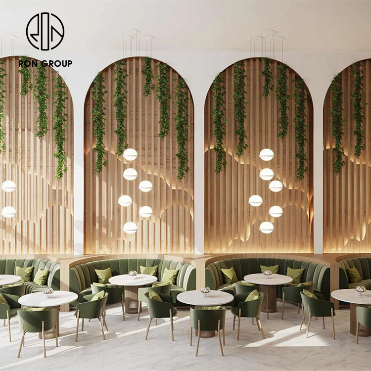 Modern Green Velvet Curved Booth Seating Set With Round Marble Tables And Cafe Chairs