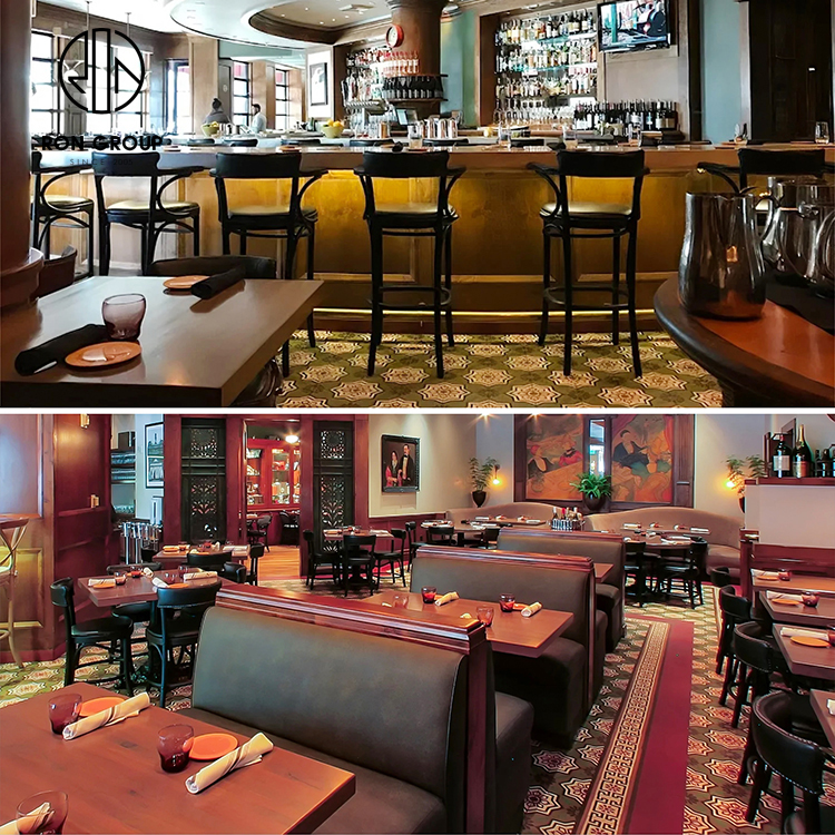 Vintage Leather Booth Seating Set With Solid Wood Tables And Black Metal Chairs For Restaurant