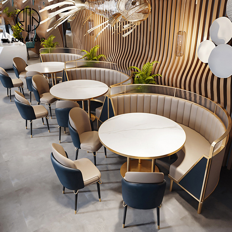 Modern Luxury Marble Top Booth Seating Set Gold Base Tables And Two Tone Dining Chairs