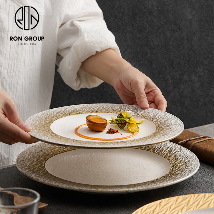 Cheaper Price Golden Round Ceramic Tableware Dinnerware  8.5/12 Inch Food Dinner Serving Plate for Commercial Dinner Cutlery