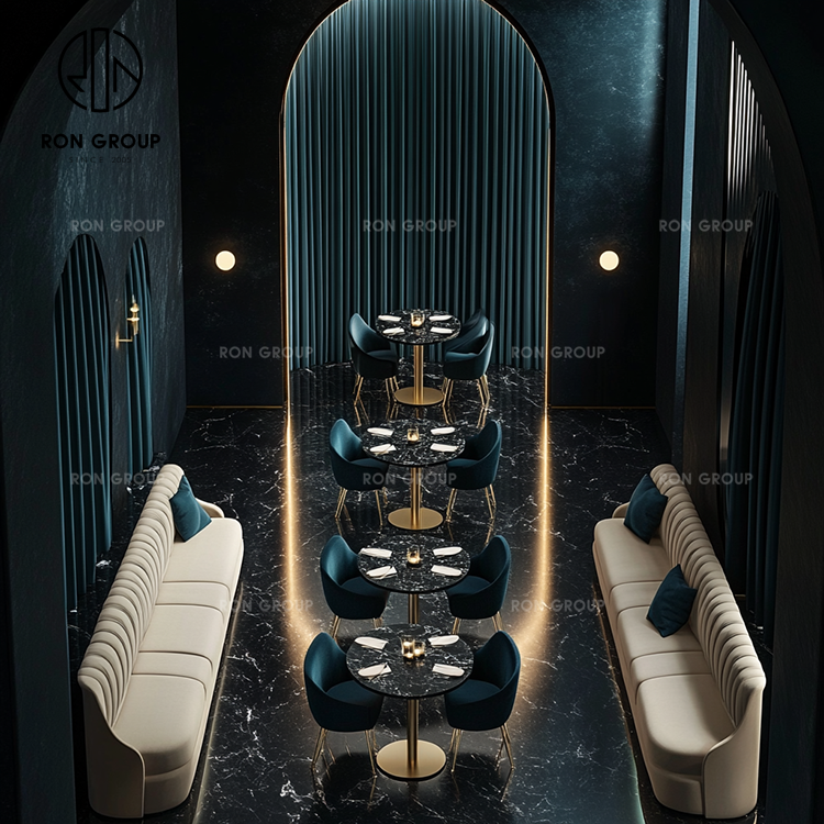 Luxury Curved Leather Banquette Seating Set With Black Marble Tables Gold Bases And Teal Velvet Chairs