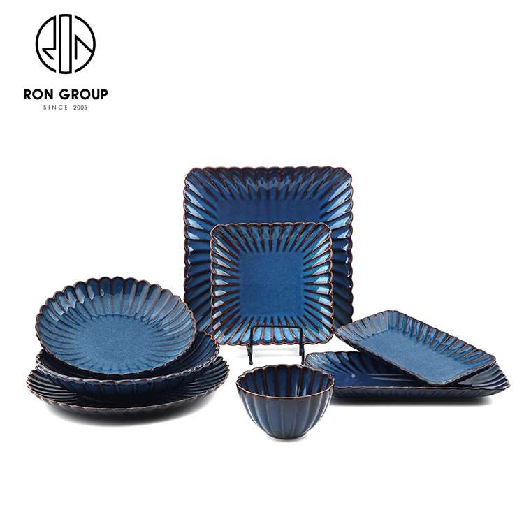 Blue Flower-Shaped Ceramic Dinnerware Set for Modern Cafés and Restaurants
