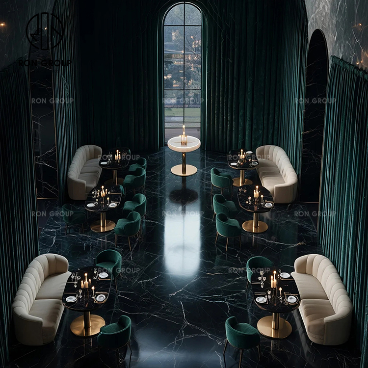 Luxury Curved Leather Banquette Seating Set With Black Marble Tables Gold Bases And Teal Velvet Chairs
