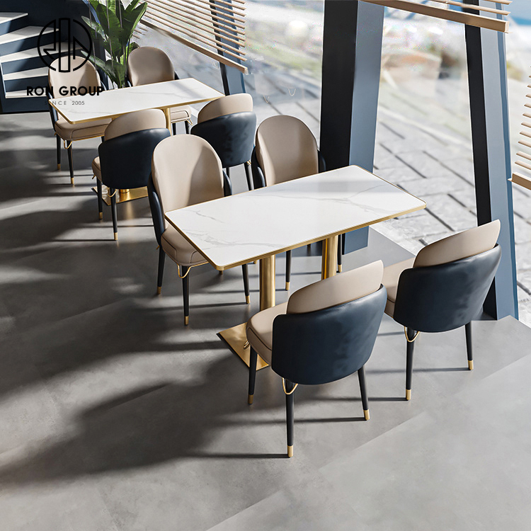 Modern Luxury Marble Top Booth Seating Set Gold Base Tables And Two Tone Dining Chairs