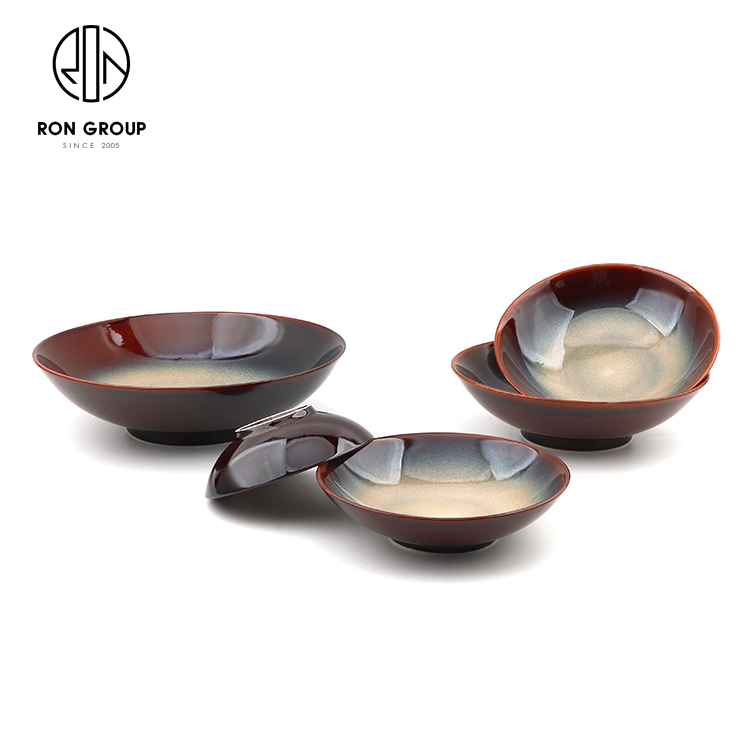 Brown Gradient Kiln-Glazed Ceramic Dinner Plate Set for Restaurants