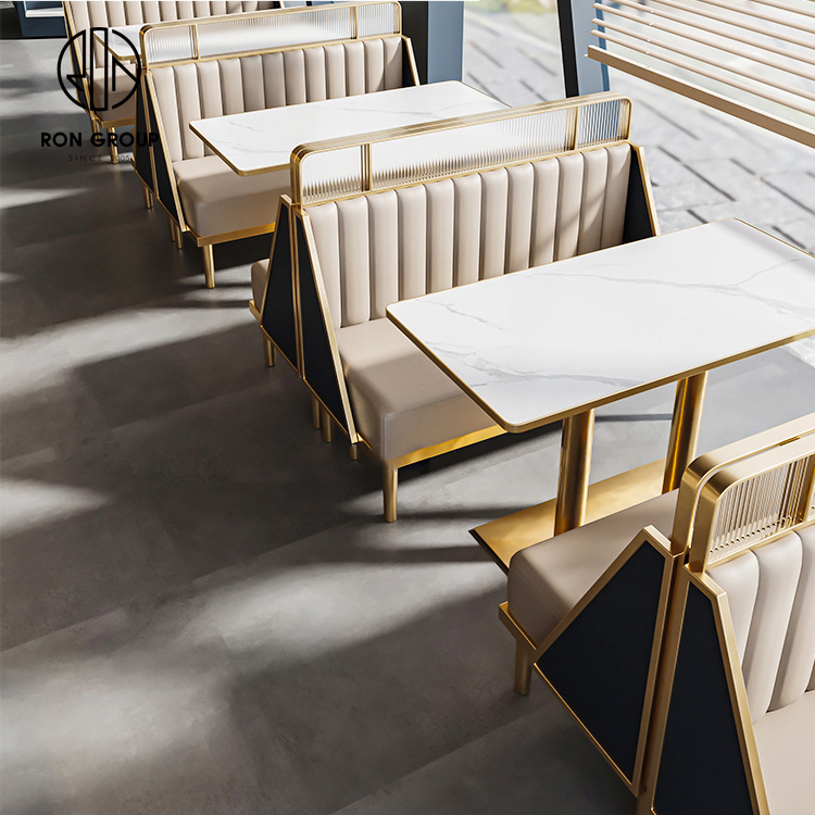 Modern Luxury Marble Top Booth Seating Set Gold Base Tables And Two Tone Dining Chairs