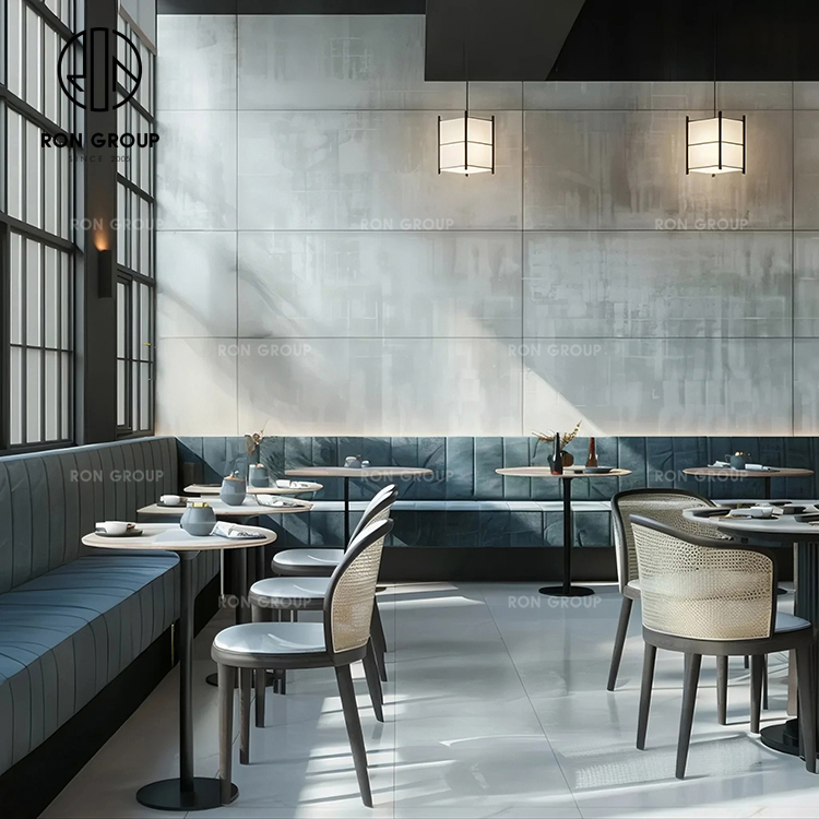 Contemporary Velvet Booth Bench Seating with Rattan Chairs for Coffee and Tea Shops