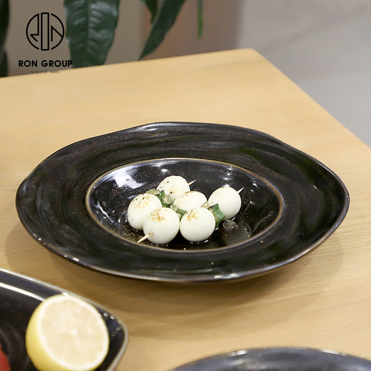 Irregular Black Ceramic Wide Rim Dinner Plate