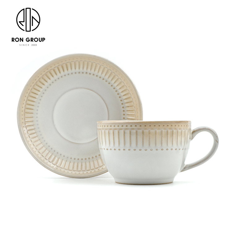 Elegant English Style White Porcelain Tea Cup & Saucer - Embossed Lace Design with Gold Rim