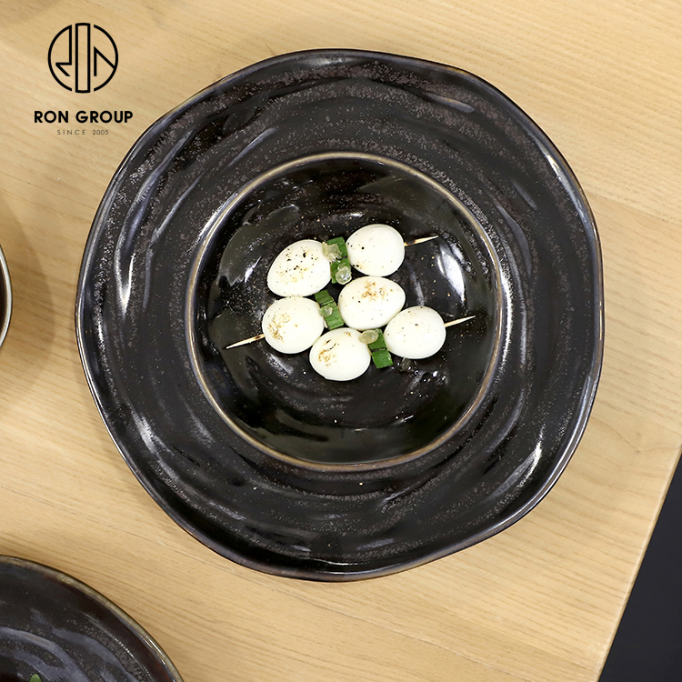 Irregular Black Ceramic Wide Rim Dinner Plate