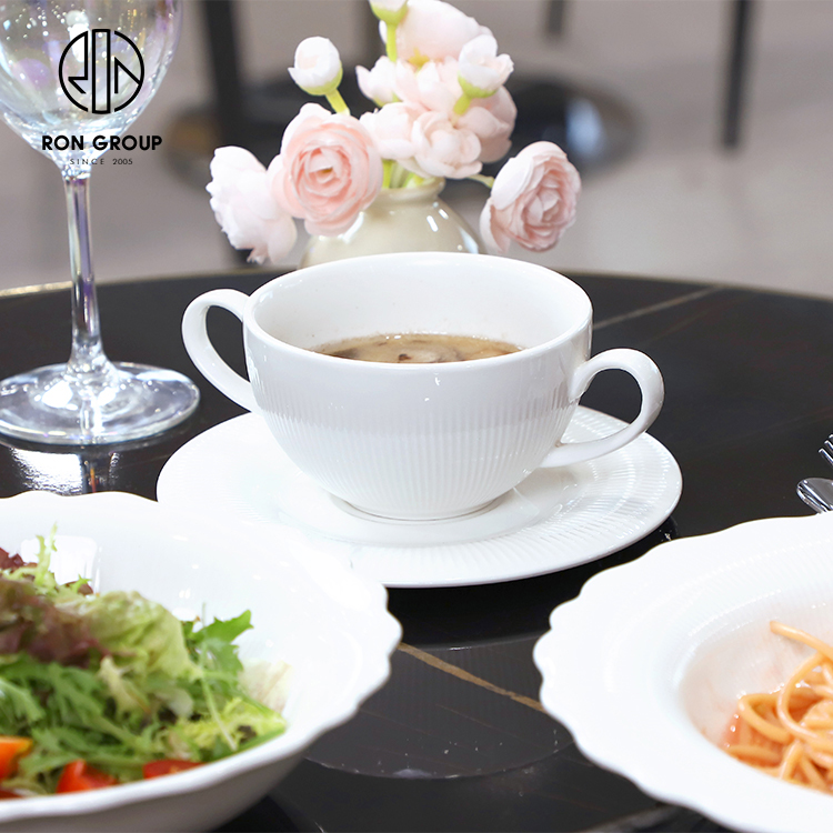 White Ceramic Two-Handle Soup Bowl with Saucer for Restaurant and Hotel Service