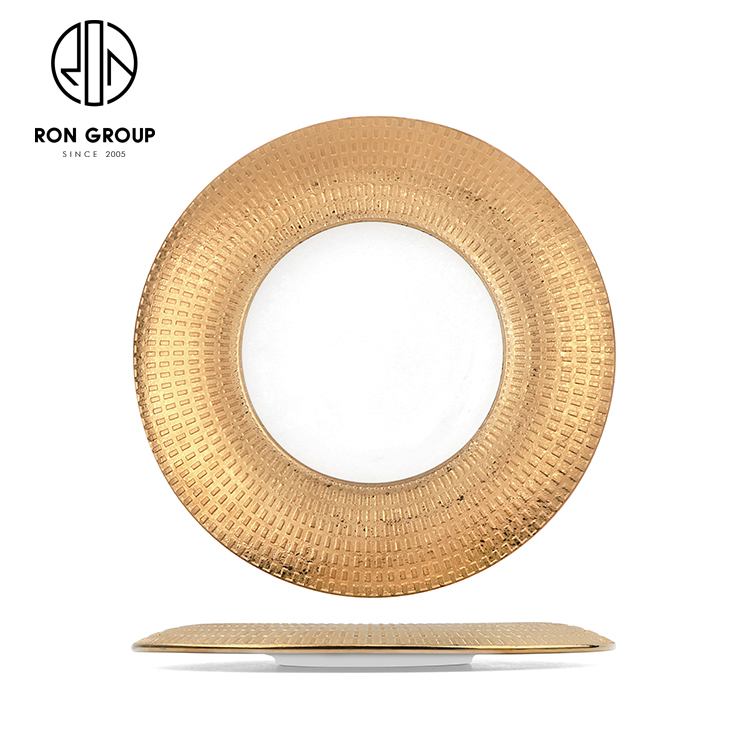 Wholesale Luxury Golden Embossed Porcelain Dinner Plate for Wedding Banquets and Event Catering