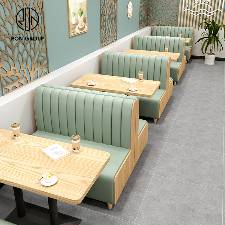 Modern Cafe Booth Seating Set With Wood Tables And Green Upholstered Chairs For Restaurants