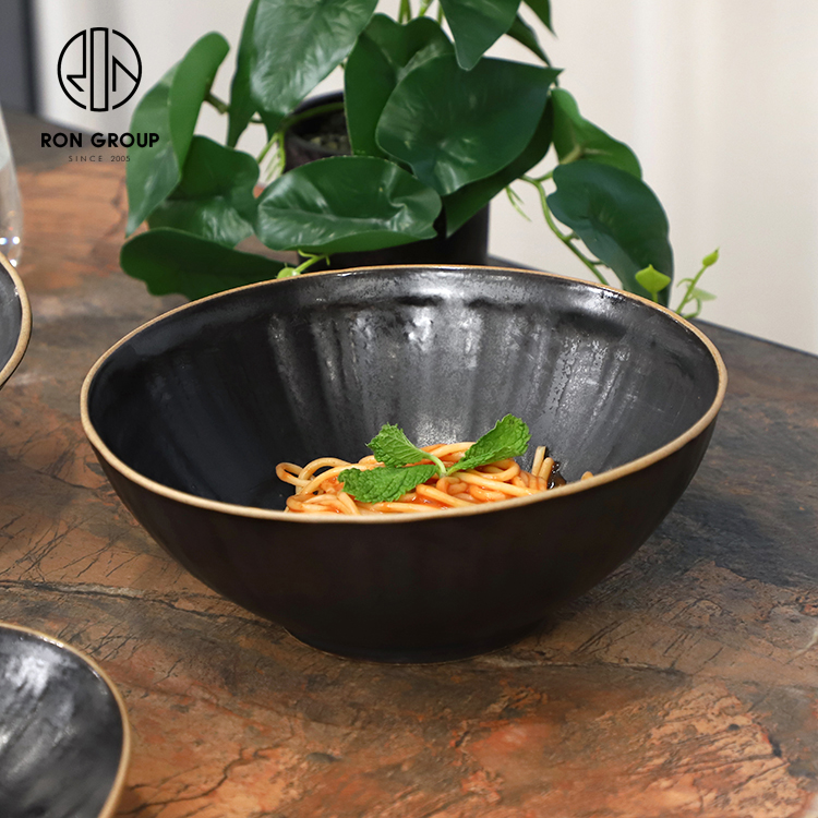 Textured Matte Black Porcelain Pasta Salad Bowl