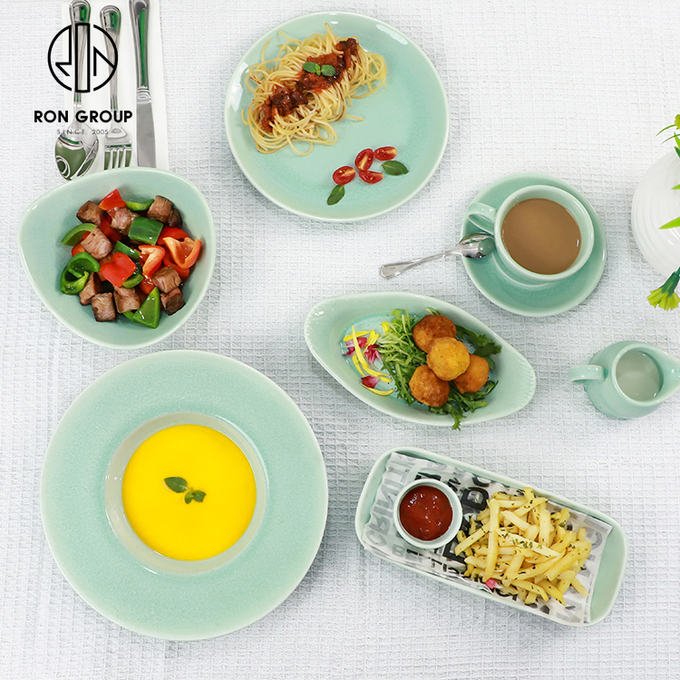 Mint Green Ceramic Dinner Plate Set for Hotels and Modern Restaurants