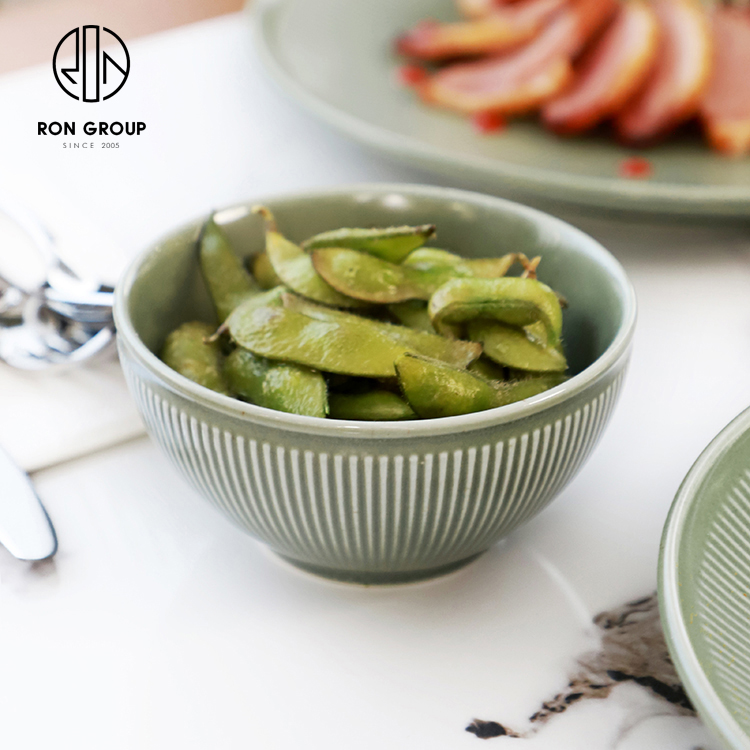 Light Green Ribbed Ceramic Soup Bowl for Hotels and Restaurants