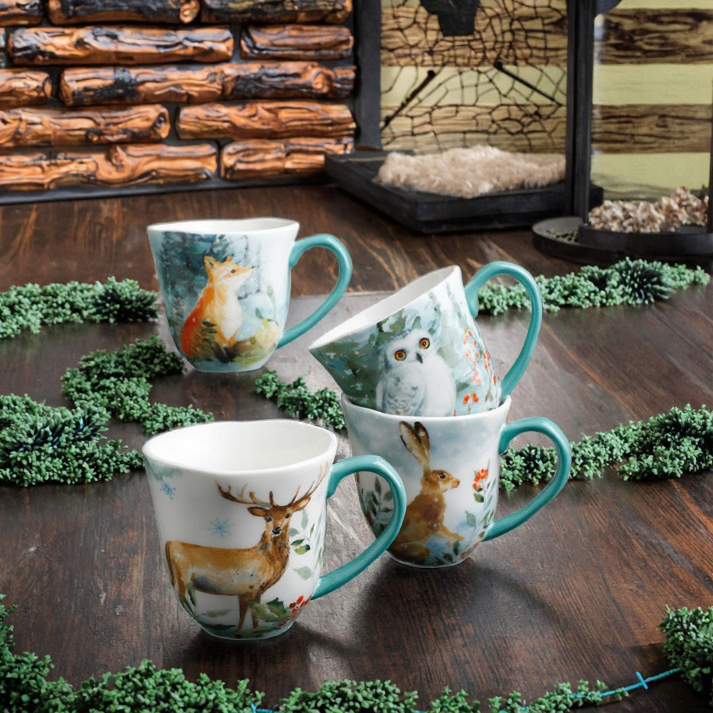 Hand-Painted Forest Animal Pattern Bone China Mug - Creative Nordic Winter Collection