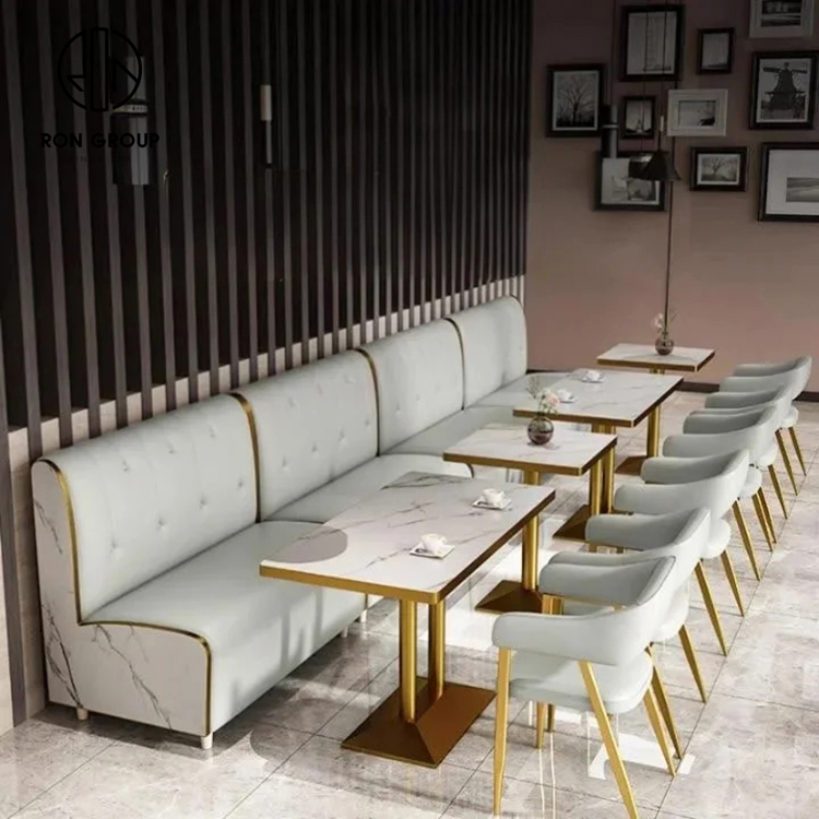 Luxury Marble Look Booth Seating Set With Gold Base Tables And Upholstered Chairs For Cafes
