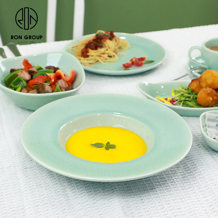Mint Green Ceramic Dinner Plate Set for Hotels and Modern Restaurants