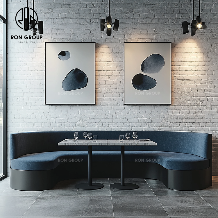 Blue Leather Half Circle Booth Seating Set With Marble Tables And Gold Base Chairs For Luxury Hotel Cafe