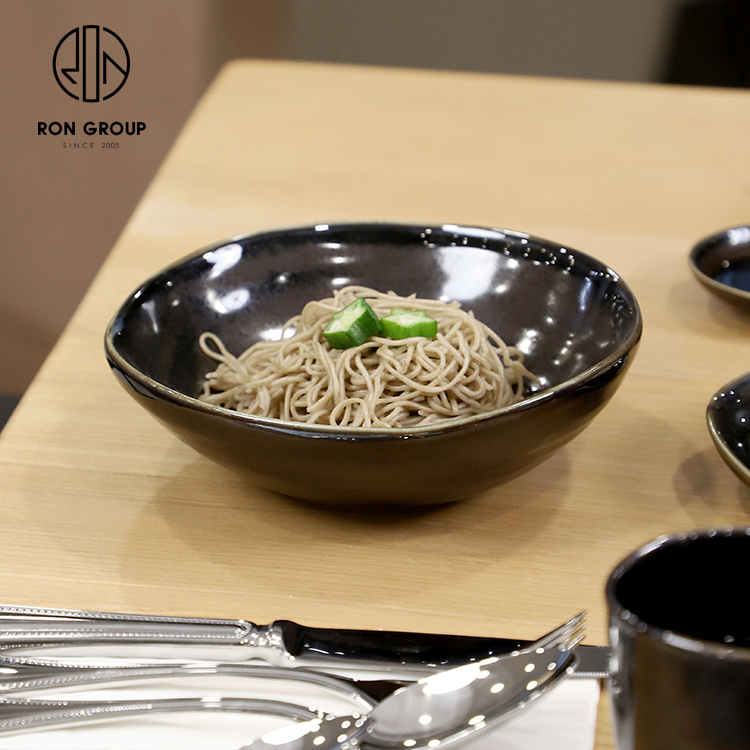 Irregular Glossy Black Ceramic Salad Bowl Set