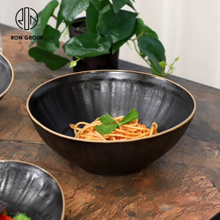 Textured Matte Black Porcelain Pasta Salad Bowl