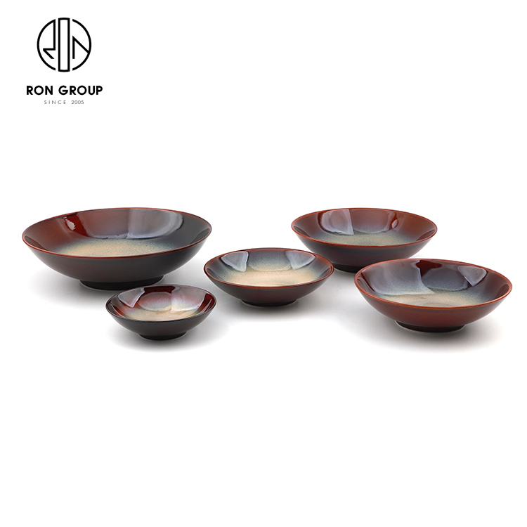 Brown Gradient Kiln-Glazed Ceramic Dinner Plate Set for Restaurants