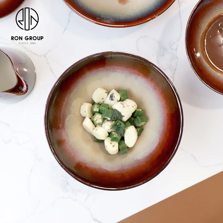 Brown Gradient Kiln-Glazed Ceramic Dinner Plate Set for Restaurants