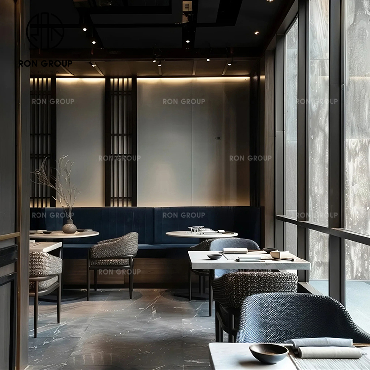 Contemporary Velvet Booth Bench Seating with Rattan Chairs for Coffee and Tea Shops