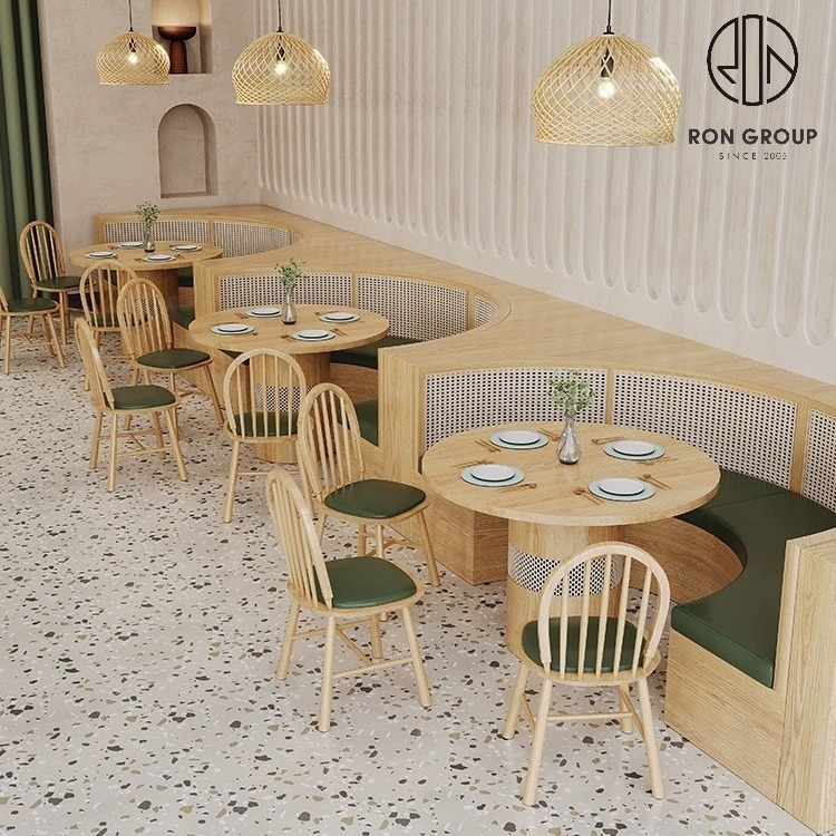Solid Wood Rattan Half Round Booth Seating Set With Green Cushions Round Dining Table For Restaurant