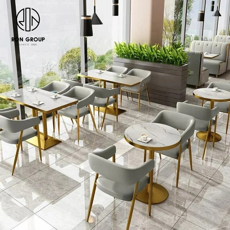 Luxury Marble Look Booth Seating Set With Gold Base Tables And Upholstered Chairs For Cafes
