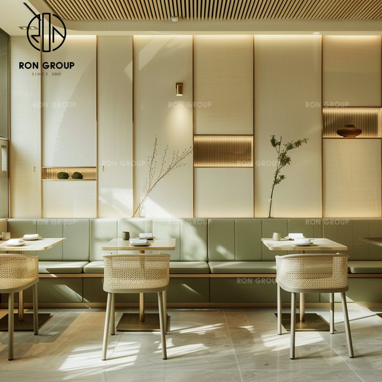 Nordic Green Velvet Booth Bench Seating with Rattan Chairs for Café and Restaurant Use