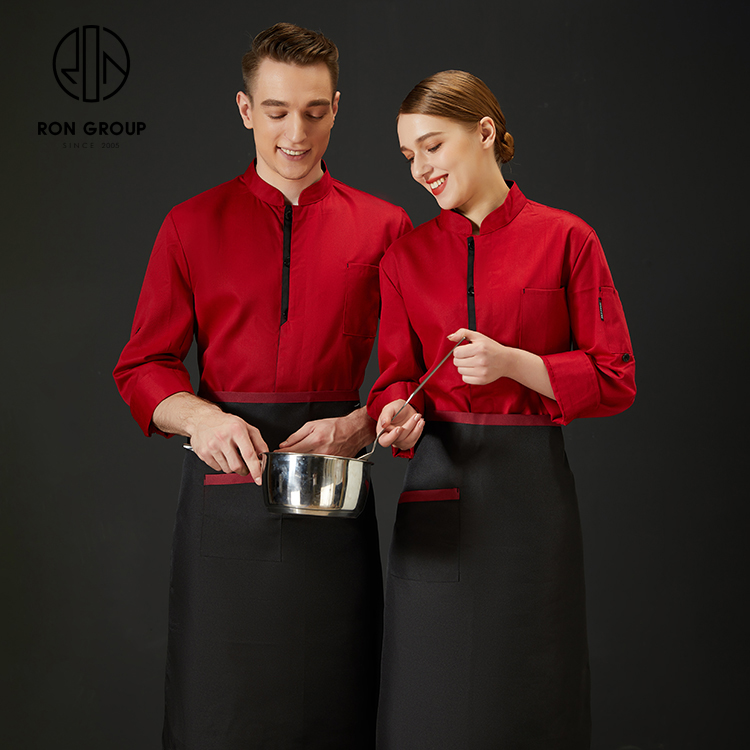 Custom Printing Logo Breathable Washable Unisex Long Sleeve Waiter Waitress Uniform with Pocket Kitchen Coffee Shop Workwear