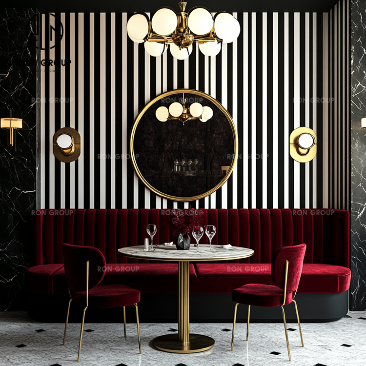 Luxury Modern Red Velvet Curved Booth Seating Set With Round Marble Table Gold Pedestal Base And Lounge Chairs For Hotel Bar