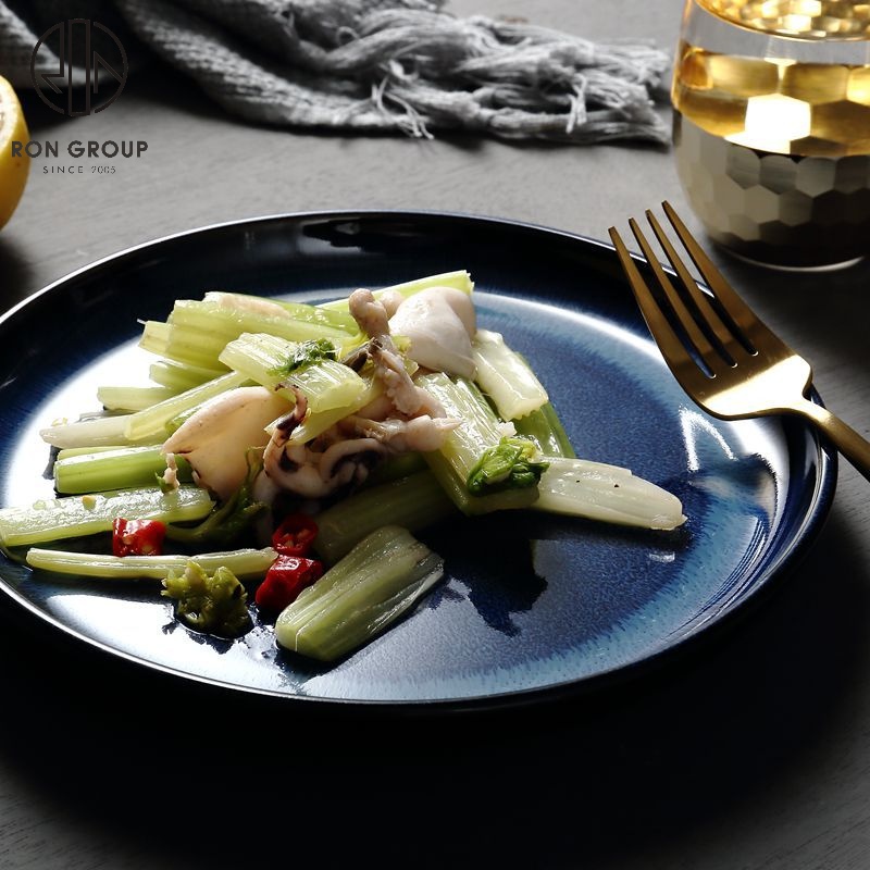 Kiln-Glazed Blue Ceramic Dinner Plate for Modern Restaurants